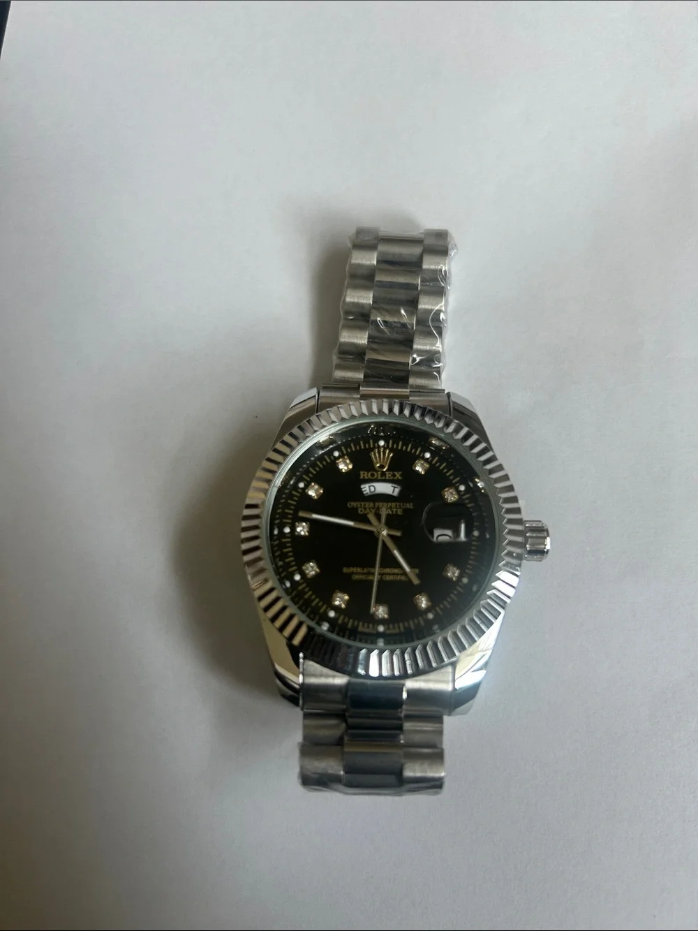 Rolex Black Dial Stainless Steel Watch with Diamond Hour Markers